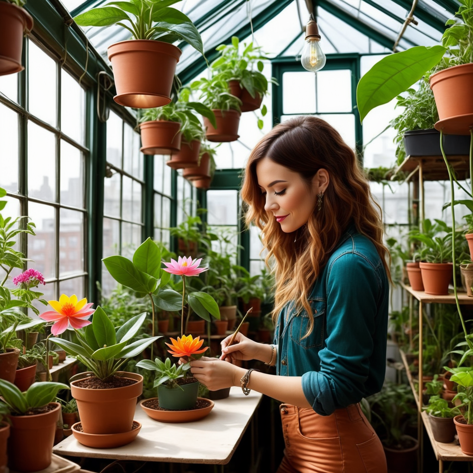 15. A hipster houseplant enthusiast caring for a rare magical singing flower in her urban greenhouse loft apartment. Vibra...